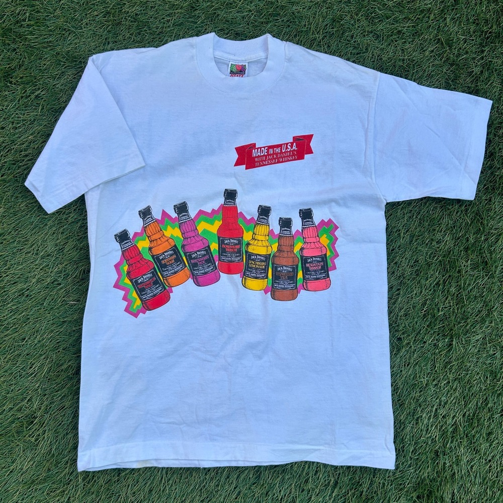 Jack Daniels T-Shirt Large White Vintage 90s Neon Alcohol Tee Single Stitch